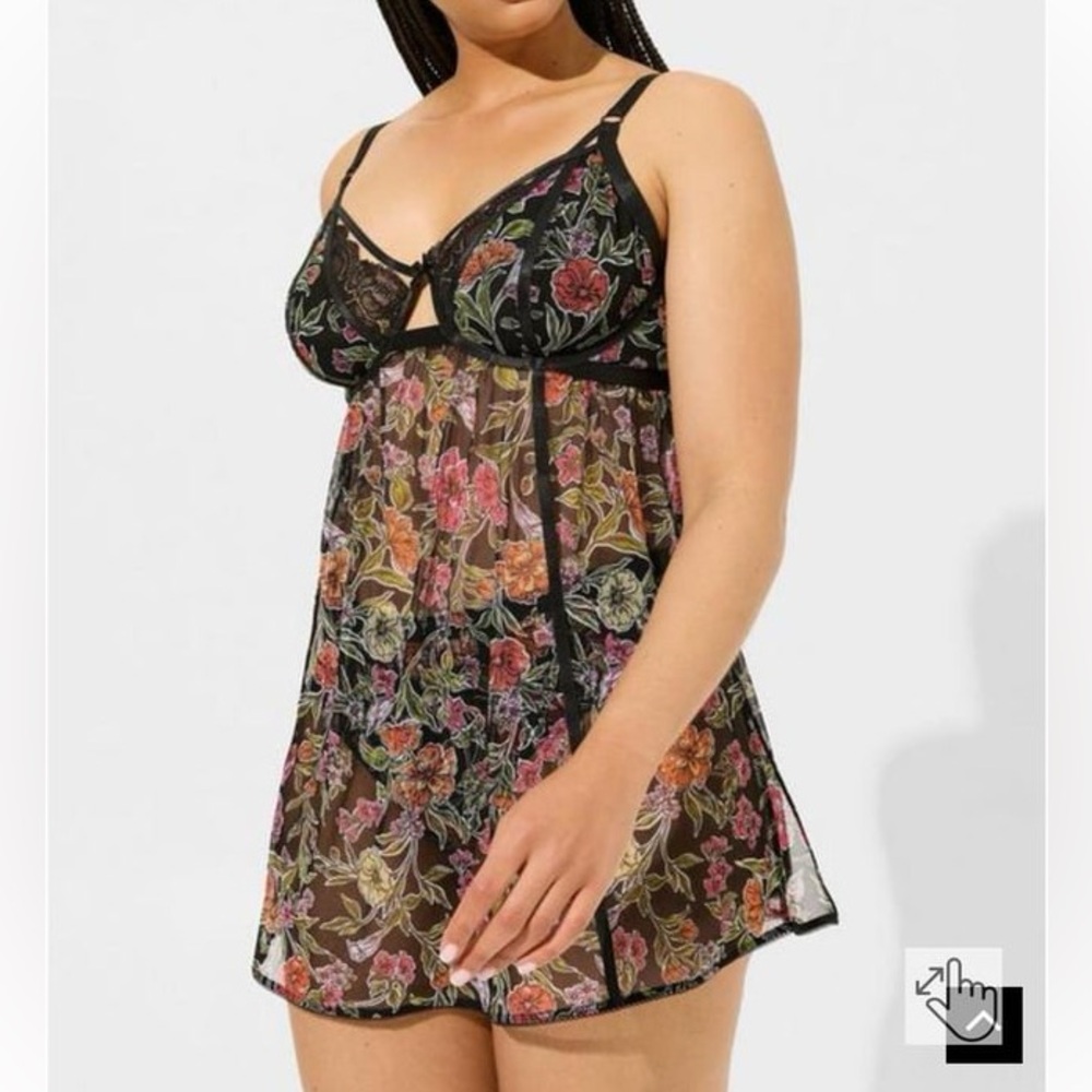 Torrid Floral Mesh Babydoll Lingerie Set Strappy Lace Detail Plus Size 0 2
